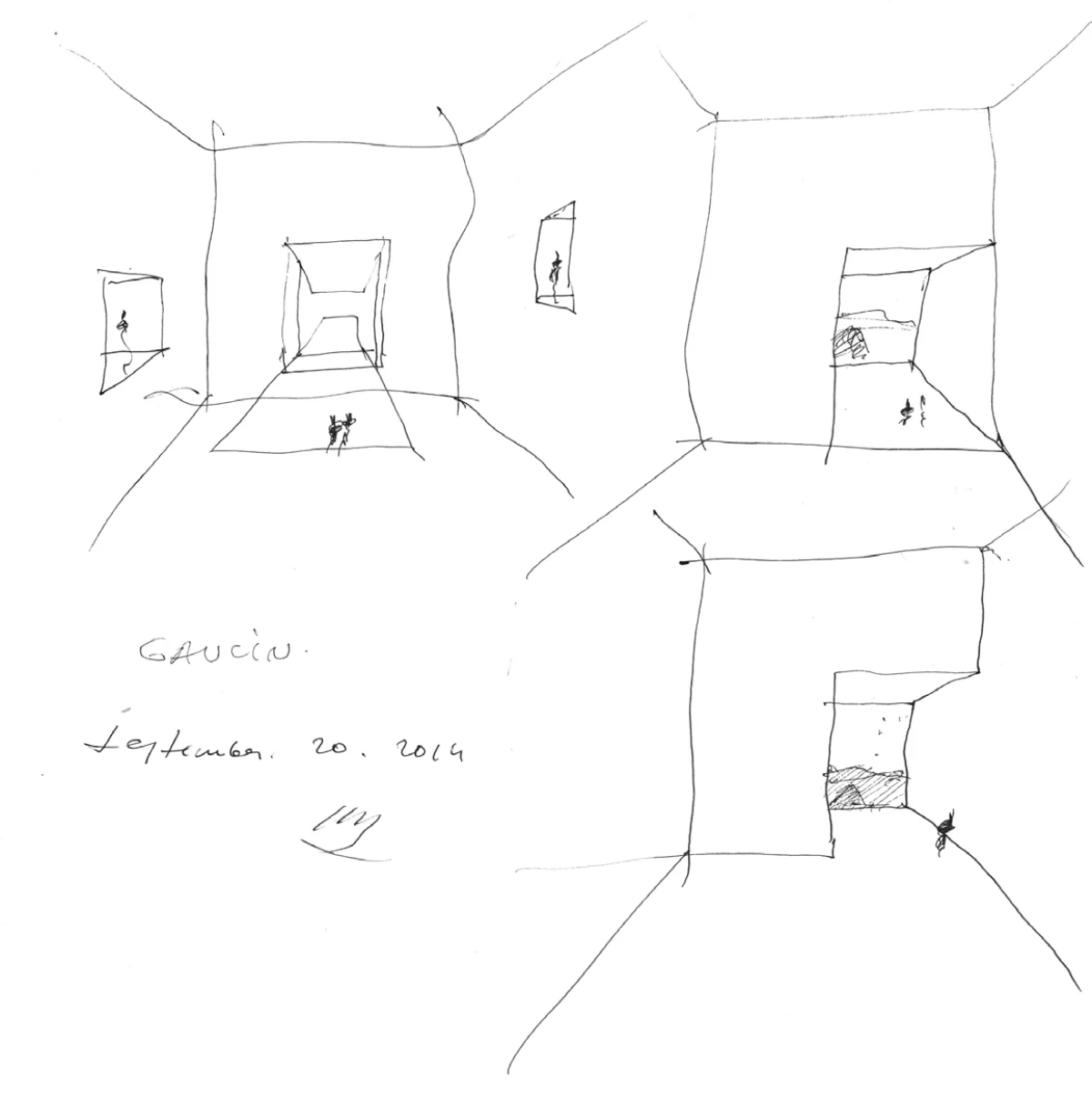 Boceto a mano alzada de Alberto Campo Baeza para la Casa Gaucín, septiembre 2014, mostrando embocaduras profundas con jambas, dintel y alféizar